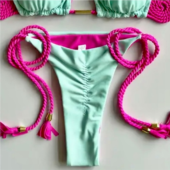 AQUA AND HOT PINK MICRO BIKINI-TIE SIDE BOTTOMS - Picture 4 of 7